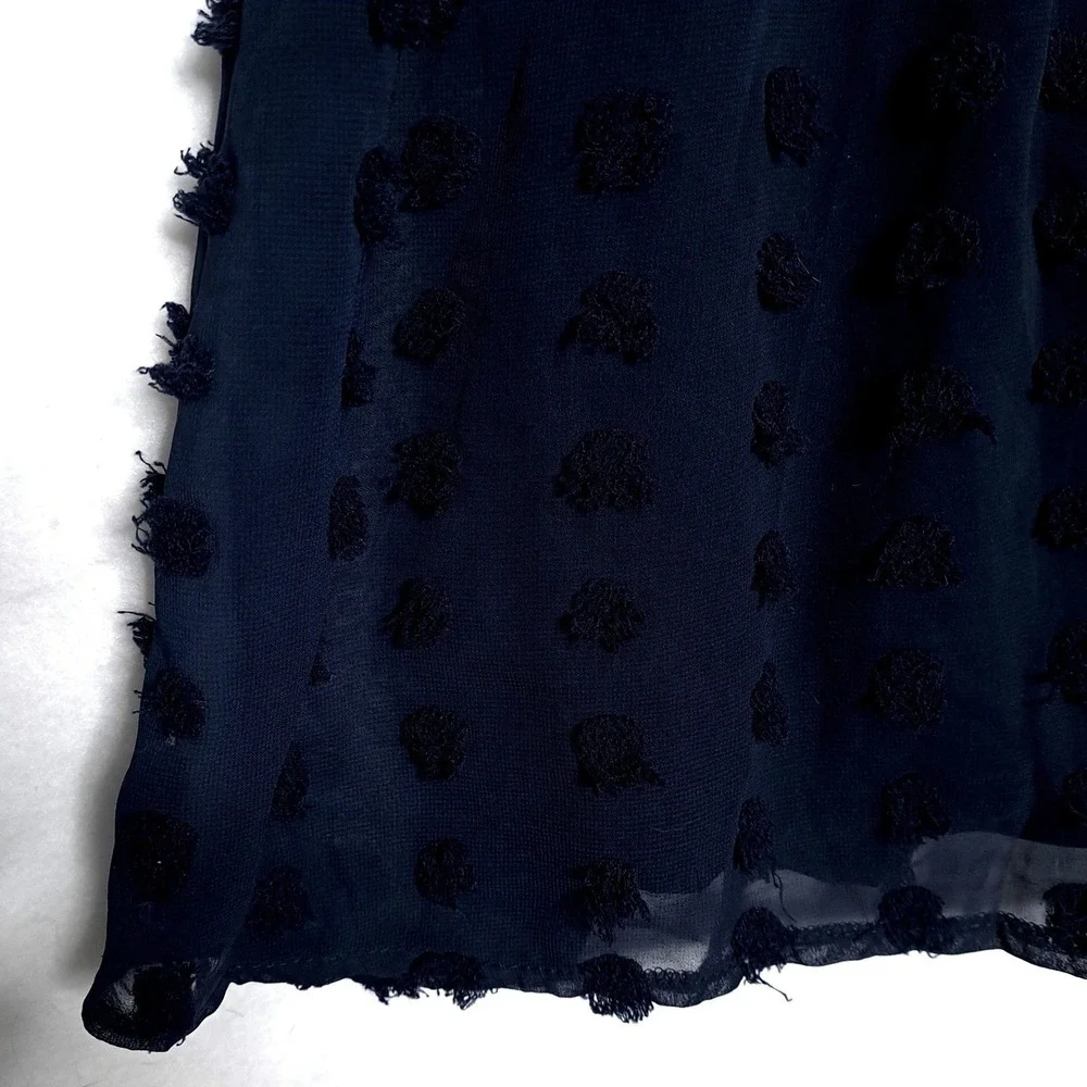 Verte Mini Dress L Navy Blue Clip Dot Tie Front Ruffle Sheer Balloon Sleeve Boho